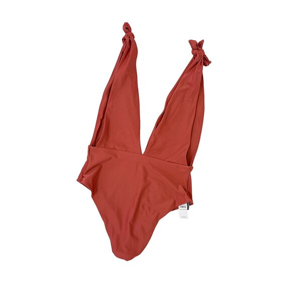 NWT Aerie Deep Plunge One Piece Swimsuit Cheeky Burnt Orange Rust Red | M - Picture 2 of 5